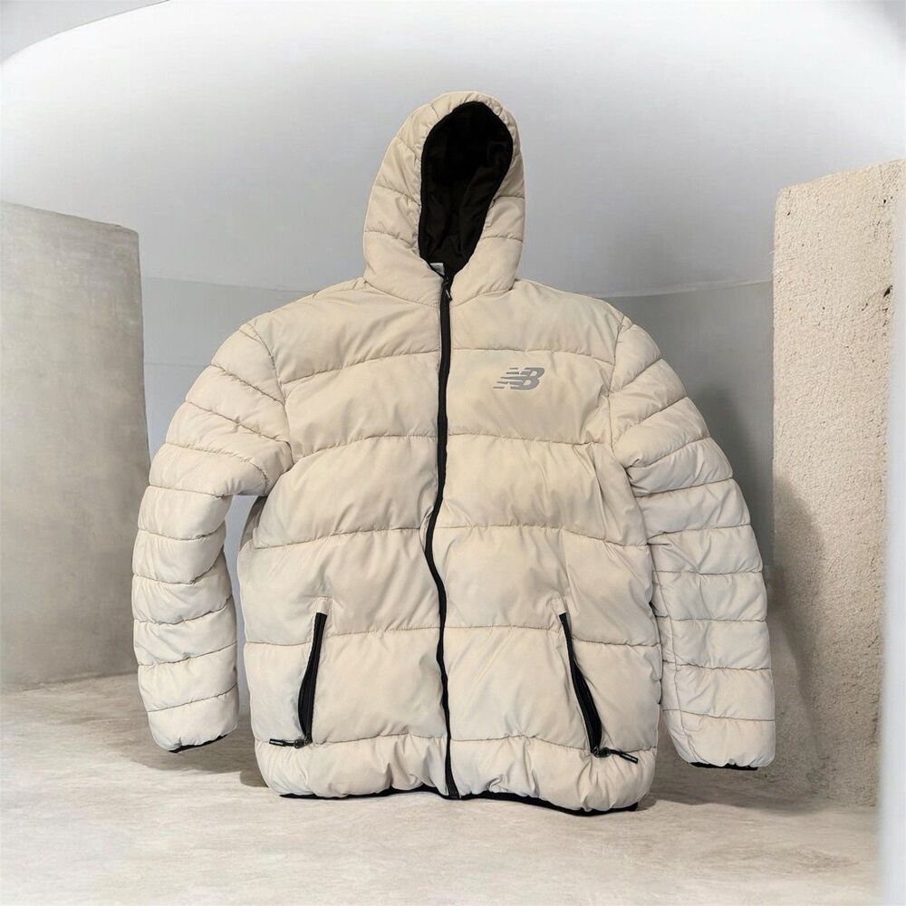 New Balance Men's Hooded Insulated Puffer Jacket Full Zip Beige Size L
